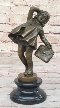 Young Girl Going to School w/ Book Bag - Bronze on Marble
