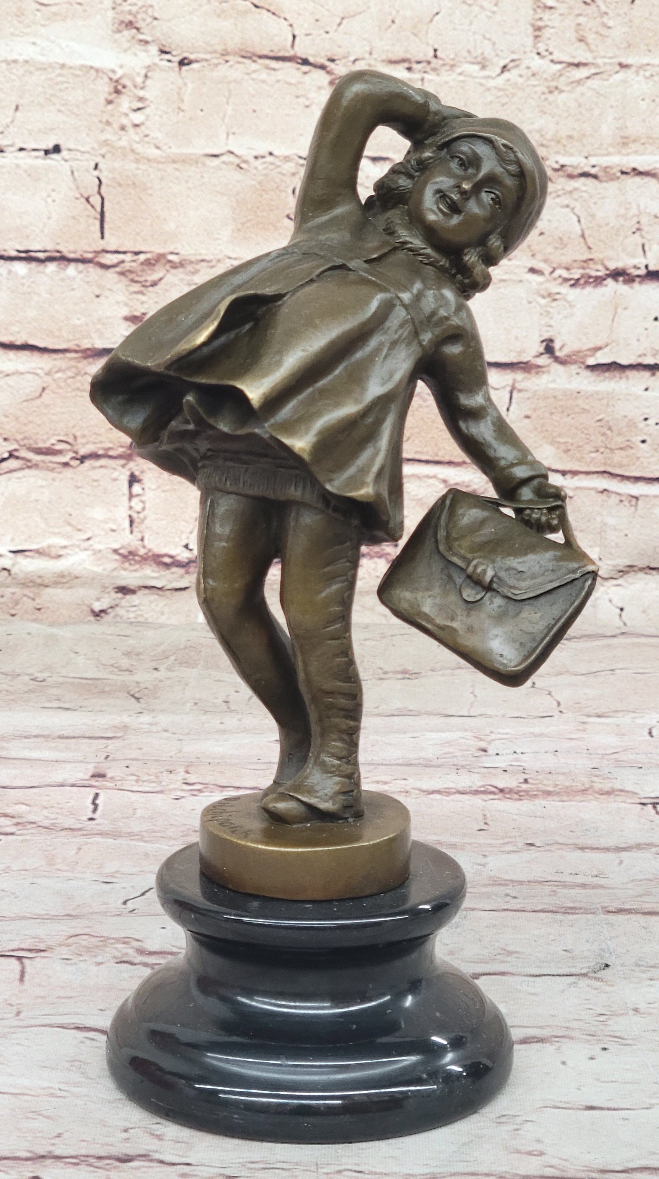 Young Girl Going to School w/ Book Bag - Bronze on Marble