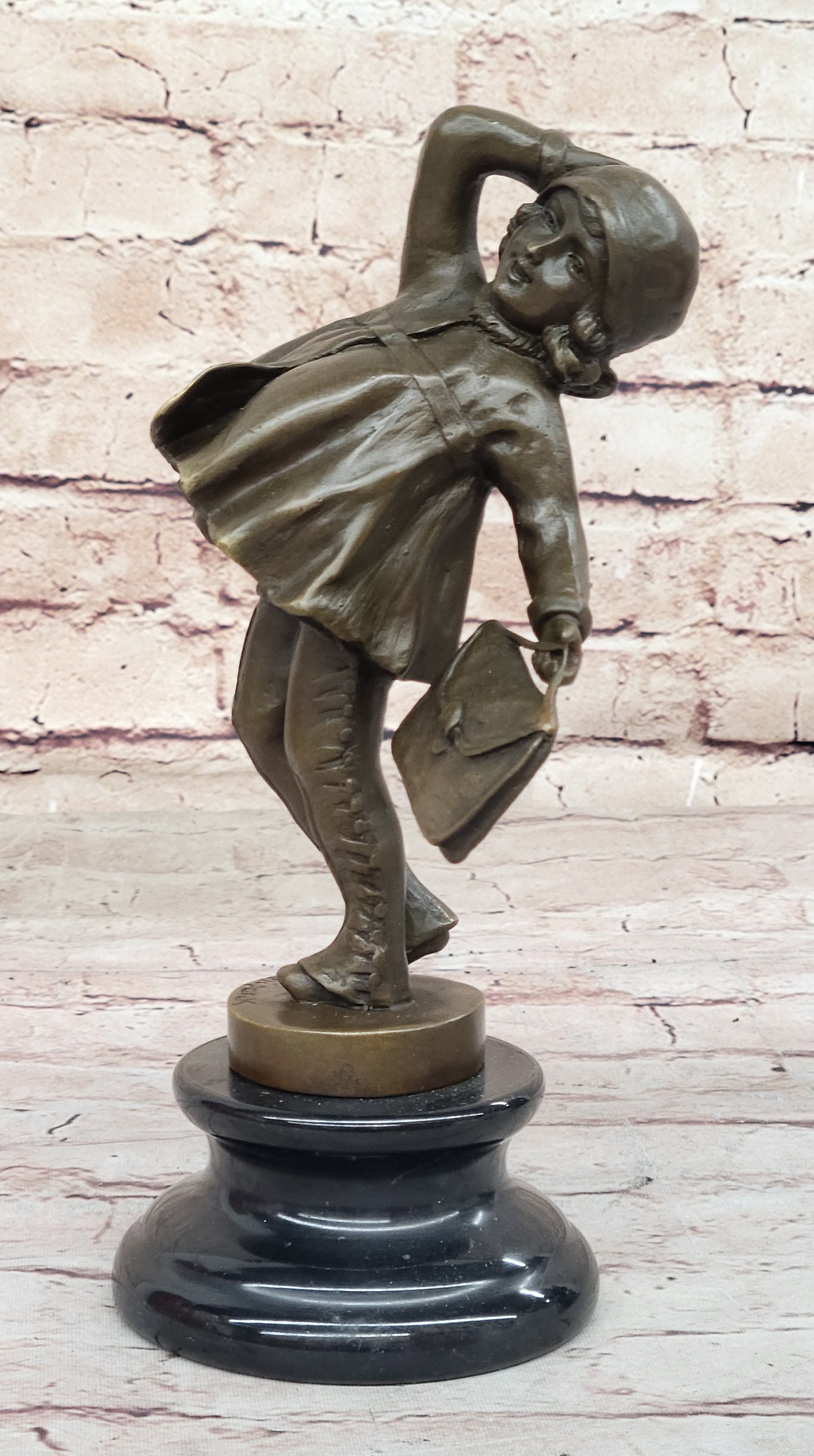 Young Girl Going to School w/ Book Bag - Bronze on Marble