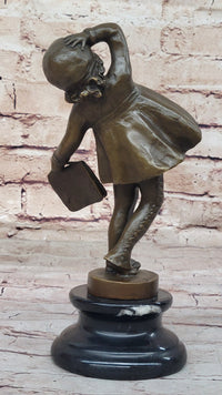 Young Girl Going to School w/ Book Bag - Bronze on Marble