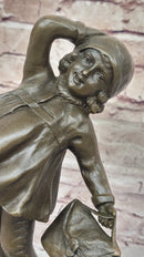 Young Girl Going to School w/ Book Bag - Bronze on Marble