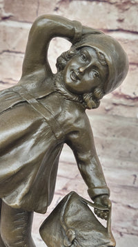 Young Girl Going to School w/ Book Bag - Bronze on Marble