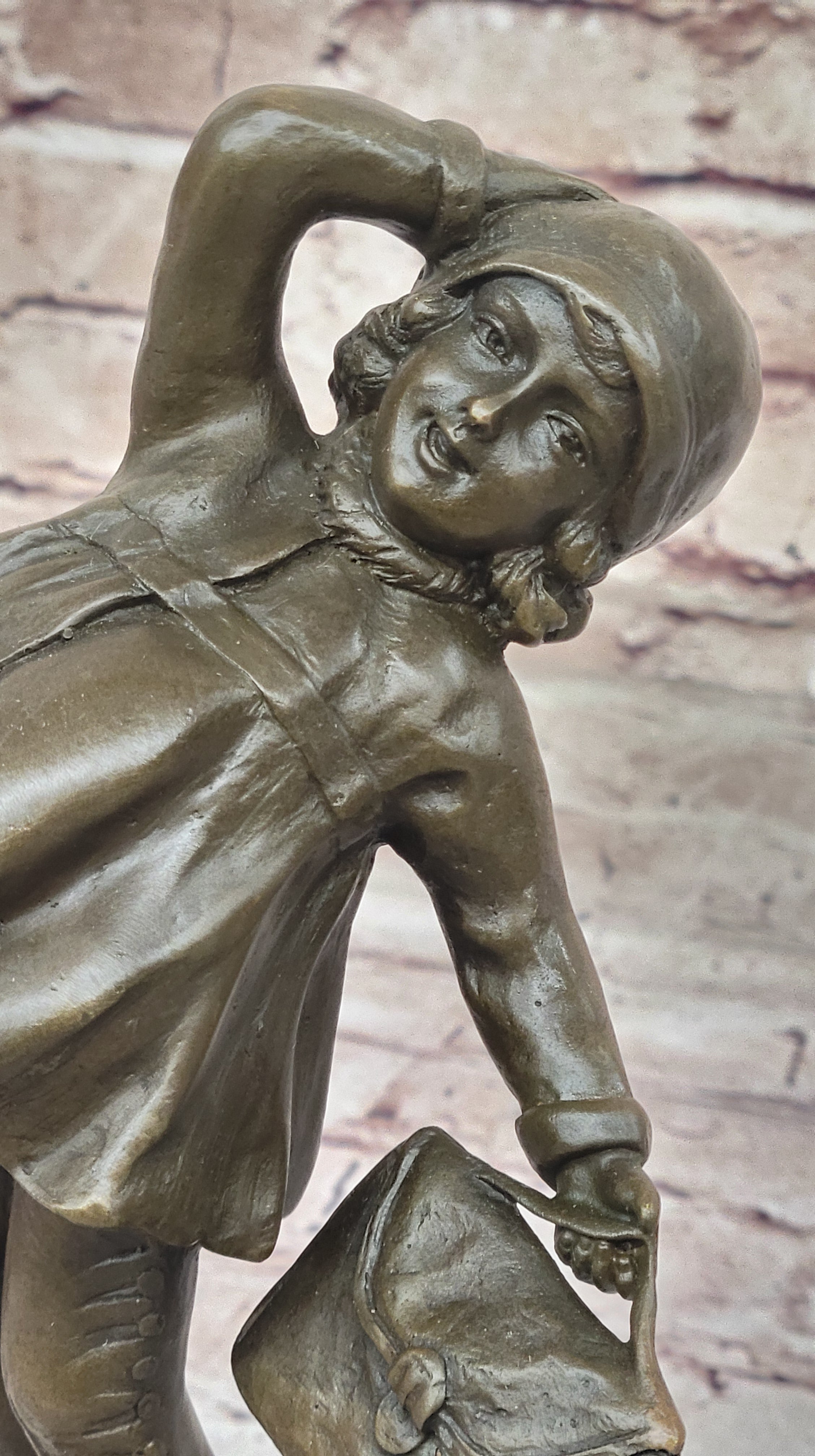 Young Girl Going to School w/ Book Bag - Bronze on Marble