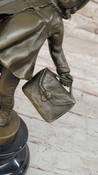 Young Girl Going to School w/ Book Bag - Bronze on Marble