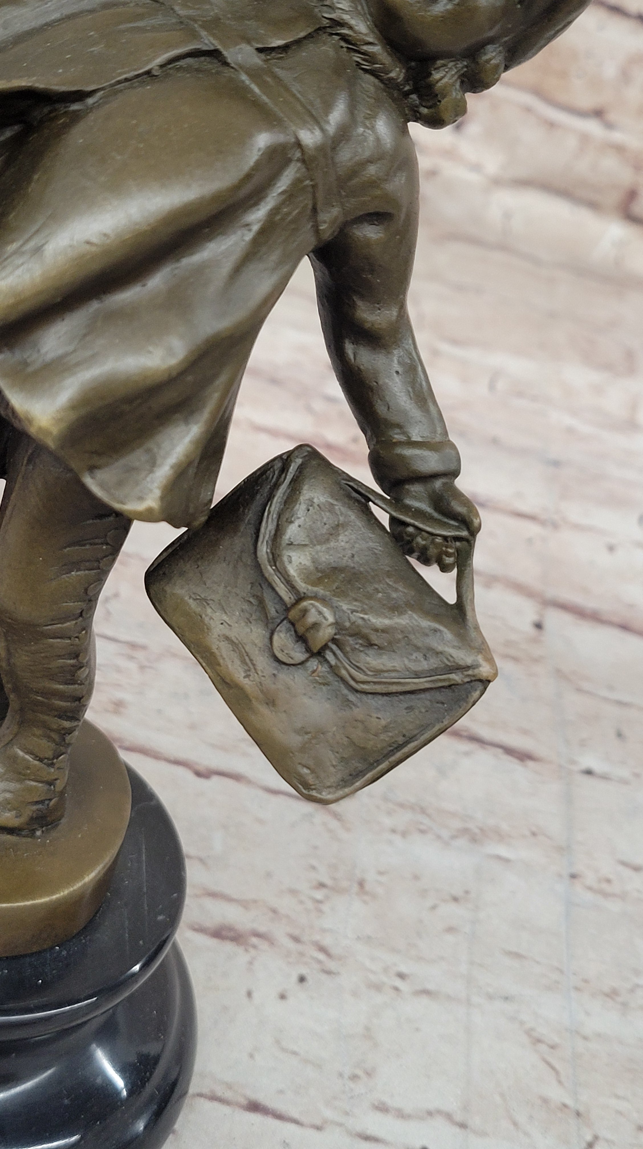 Young Girl Going to School w/ Book Bag - Bronze on Marble