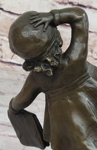 Young Girl Going to School w/ Book Bag - Bronze on Marble