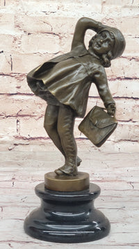 Young Girl Going to School w/ Book Bag - Bronze on Marble