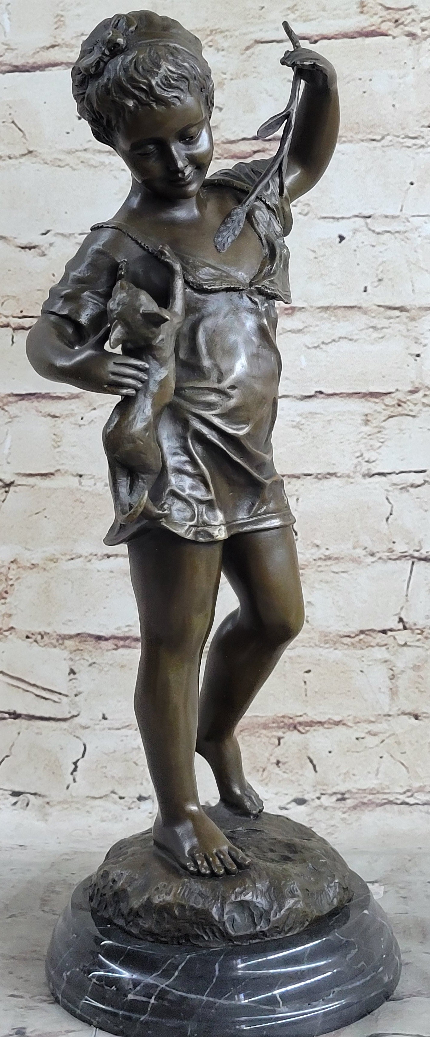 Young Girl Holding Kitten Cat - Bronze Sculpture Vintage