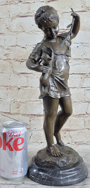 Young Girl Holding Kitten Cat - Bronze Sculpture Vintage