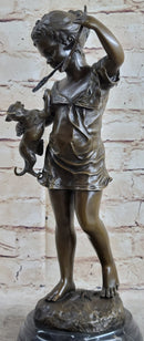 Young Girl Holding Kitten Cat - Bronze Sculpture Vintage