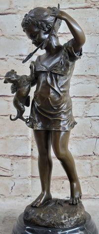 Young Girl Holding Kitten Cat - Bronze Sculpture Vintage