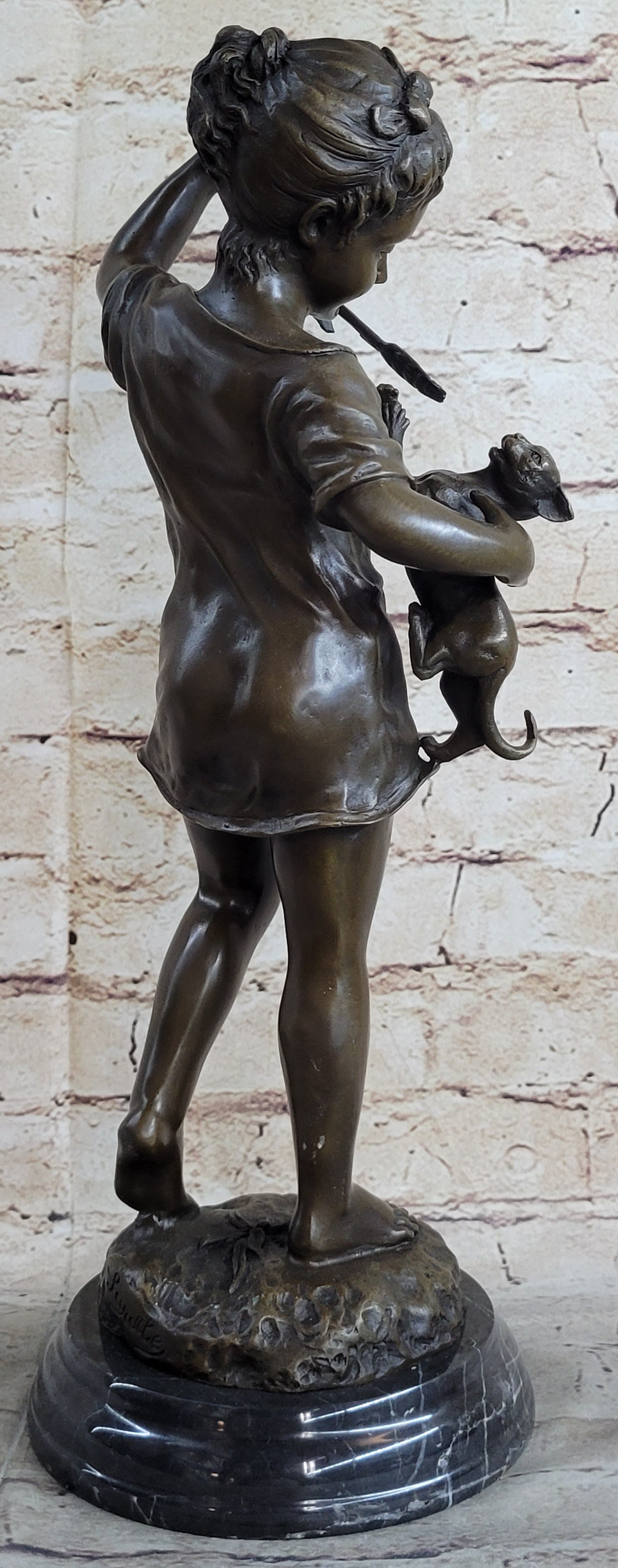 Young Girl Holding Kitten Cat - Bronze Sculpture Vintage