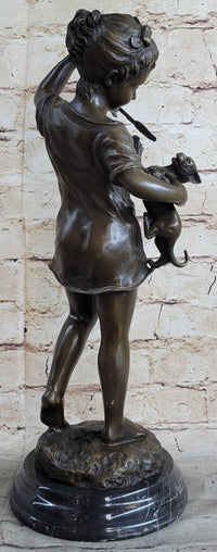 Young Girl Holding Kitten Cat - Bronze Sculpture Vintage