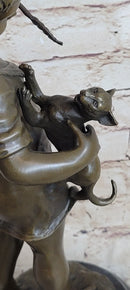 Young Girl Holding Kitten Cat - Bronze Sculpture Vintage