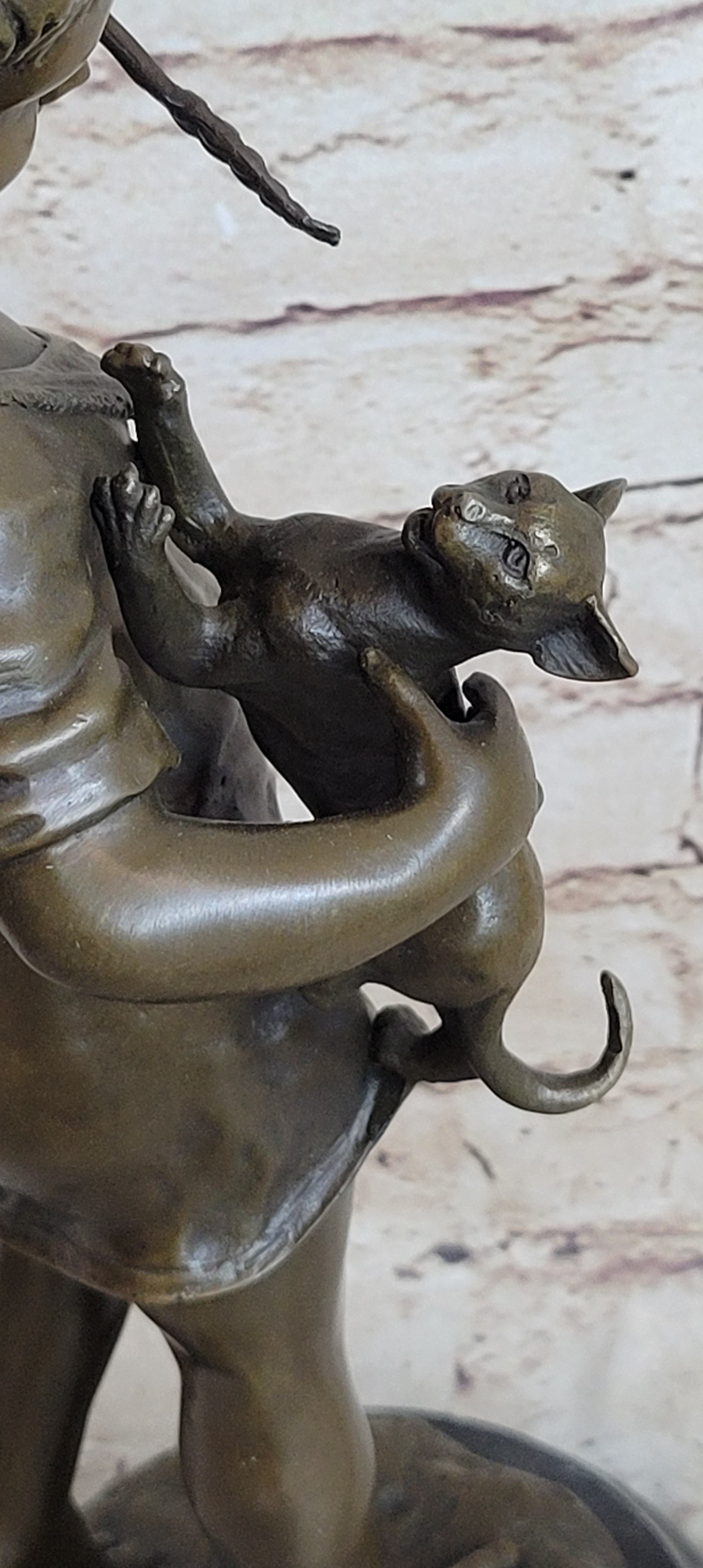 Young Girl Holding Kitten Cat - Bronze Sculpture Vintage