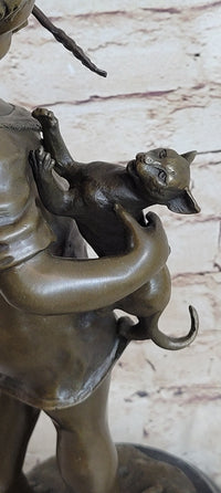 Young Girl Holding Kitten Cat - Bronze Sculpture Vintage