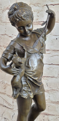 Young Girl Holding Kitten Cat - Bronze Sculpture Vintage