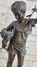 Young Girl Holding Kitten Cat - Bronze Sculpture Vintage