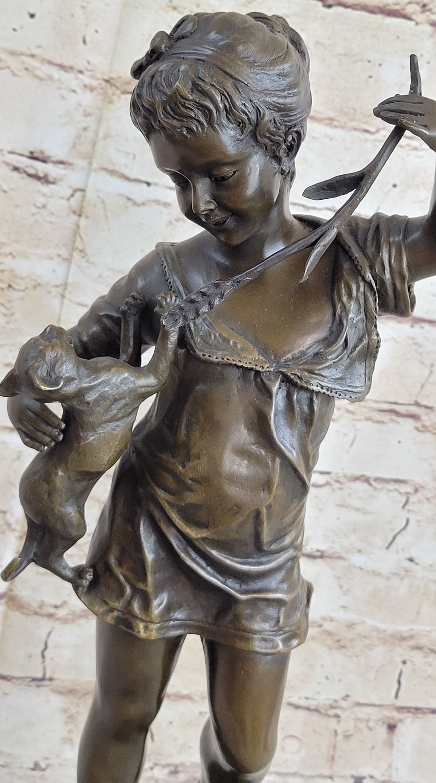 Young Girl Holding Kitten Cat - Bronze Sculpture Vintage
