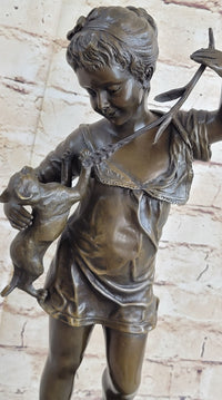 Young Girl Holding Kitten Cat - Bronze Sculpture Vintage