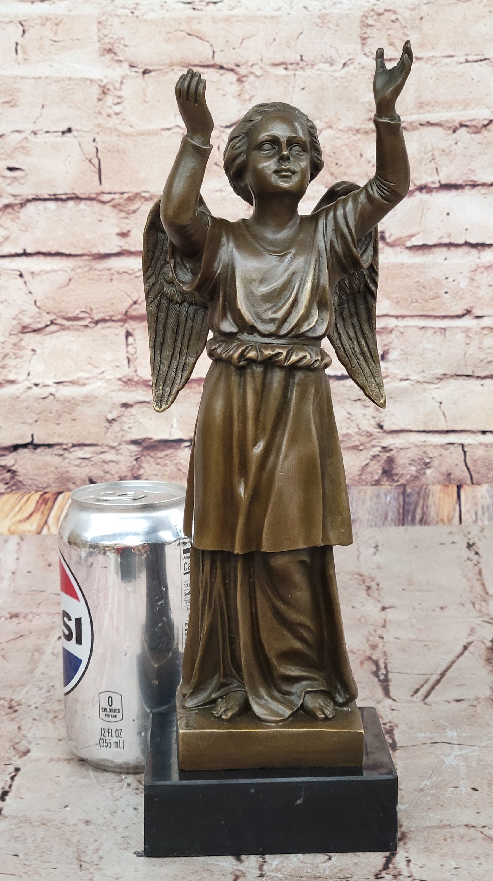 Bronze Child Angel with Upraised Arms on Marble Base