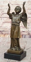 Bronze Child Angel with Upraised Arms on Marble Base