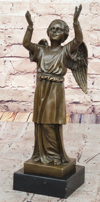Bronze Child Angel with Upraised Arms on Marble Base