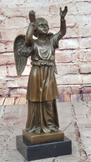 Bronze Child Angel with Upraised Arms on Marble Base