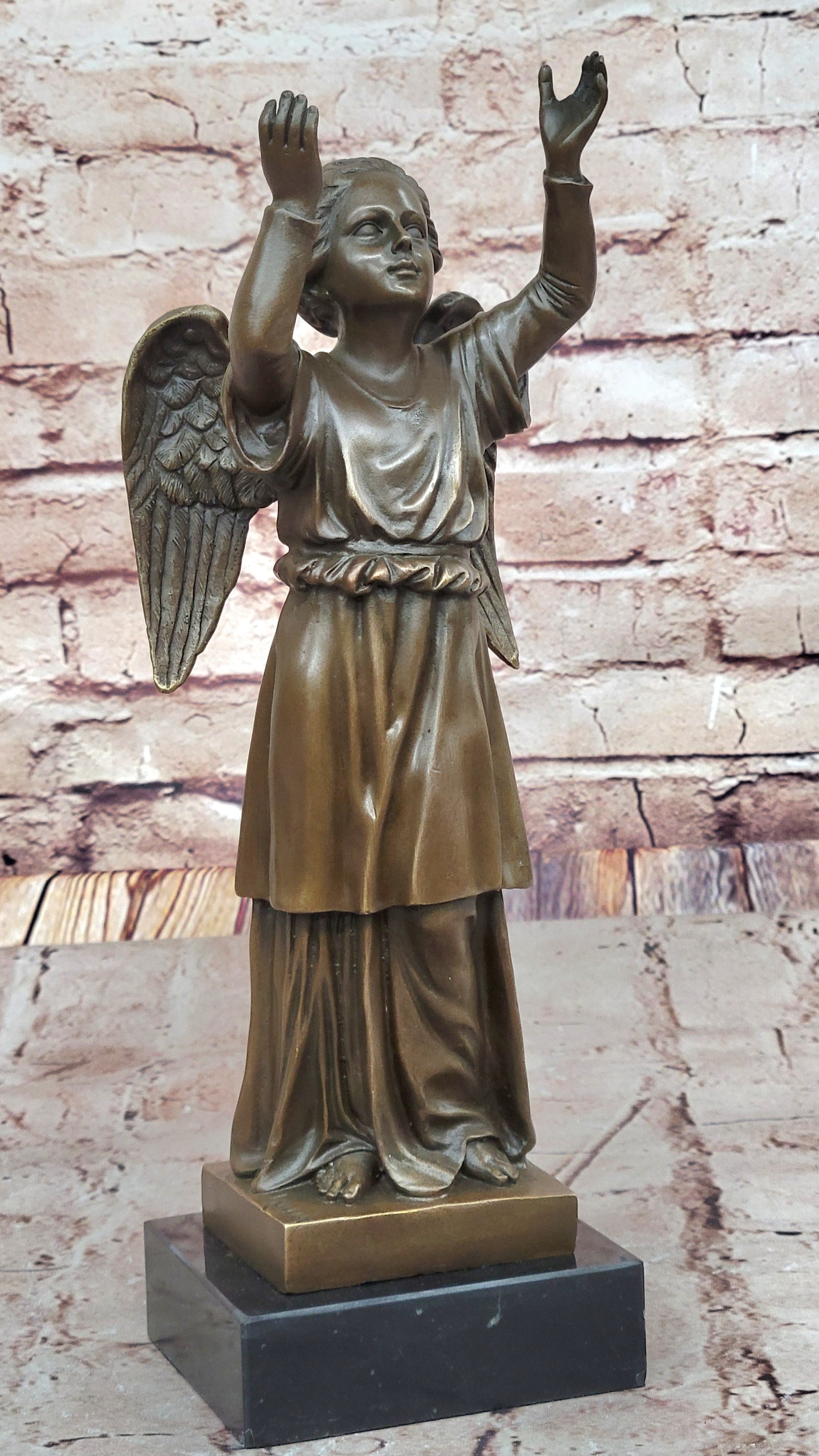Bronze Child Angel with Upraised Arms on Marble Base