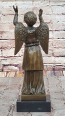 Bronze Child Angel with Upraised Arms on Marble Base