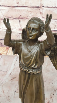 Bronze Child Angel with Upraised Arms on Marble Base