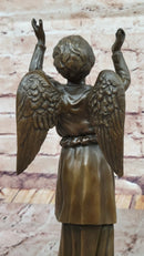 Bronze Child Angel with Upraised Arms on Marble Base