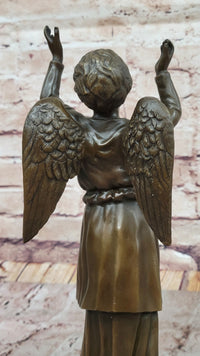 Bronze Child Angel with Upraised Arms on Marble Base