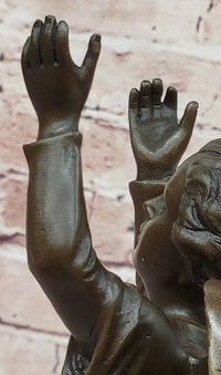 Bronze Child Angel with Upraised Arms on Marble Base