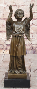 Bronze Child Angel with Upraised Arms on Marble Base