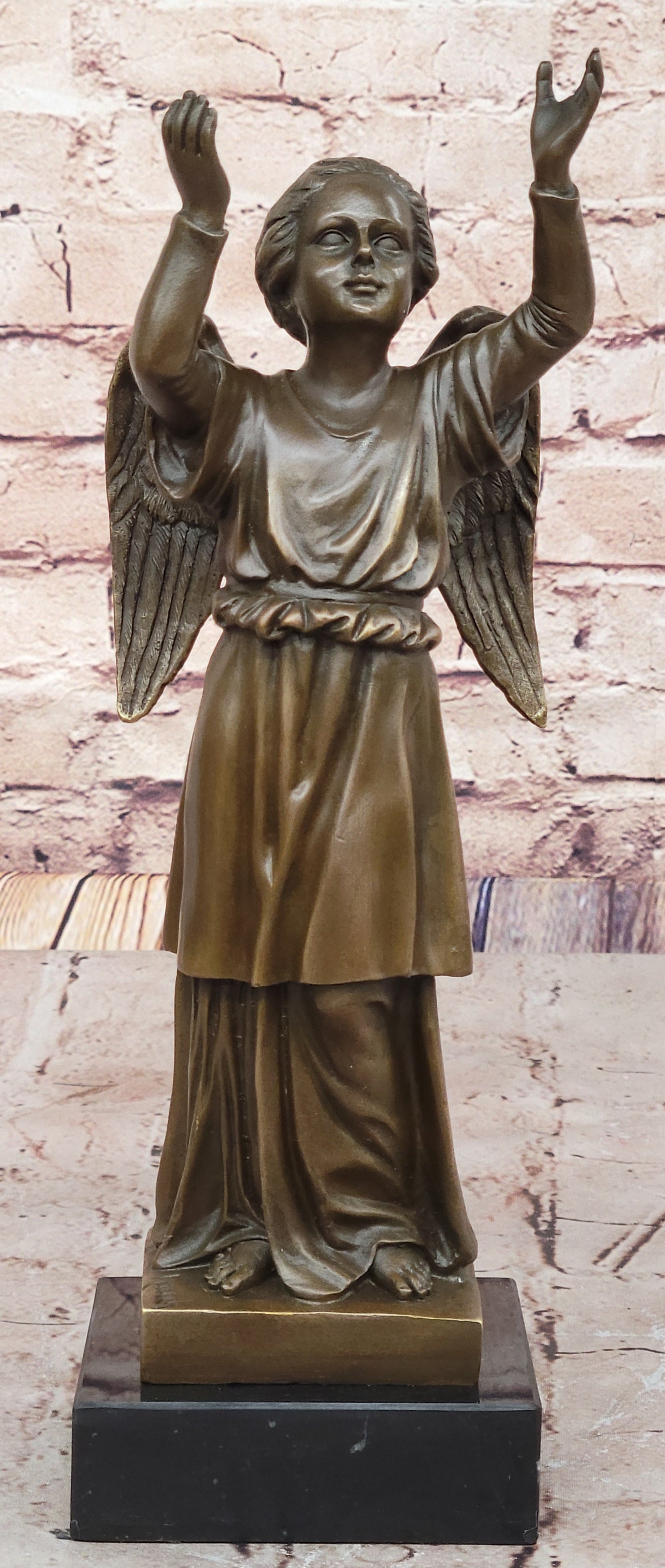 Bronze Child Angel with Upraised Arms on Marble Base
