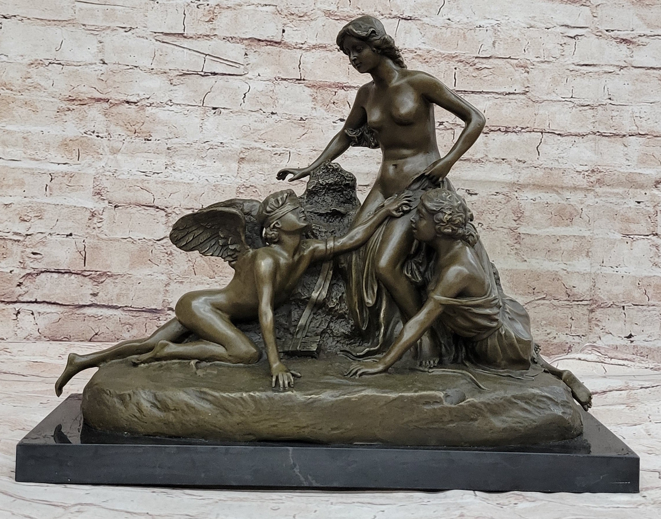 Woman with 2 Angels Bronze Sculpture Clodion 15" x 17"