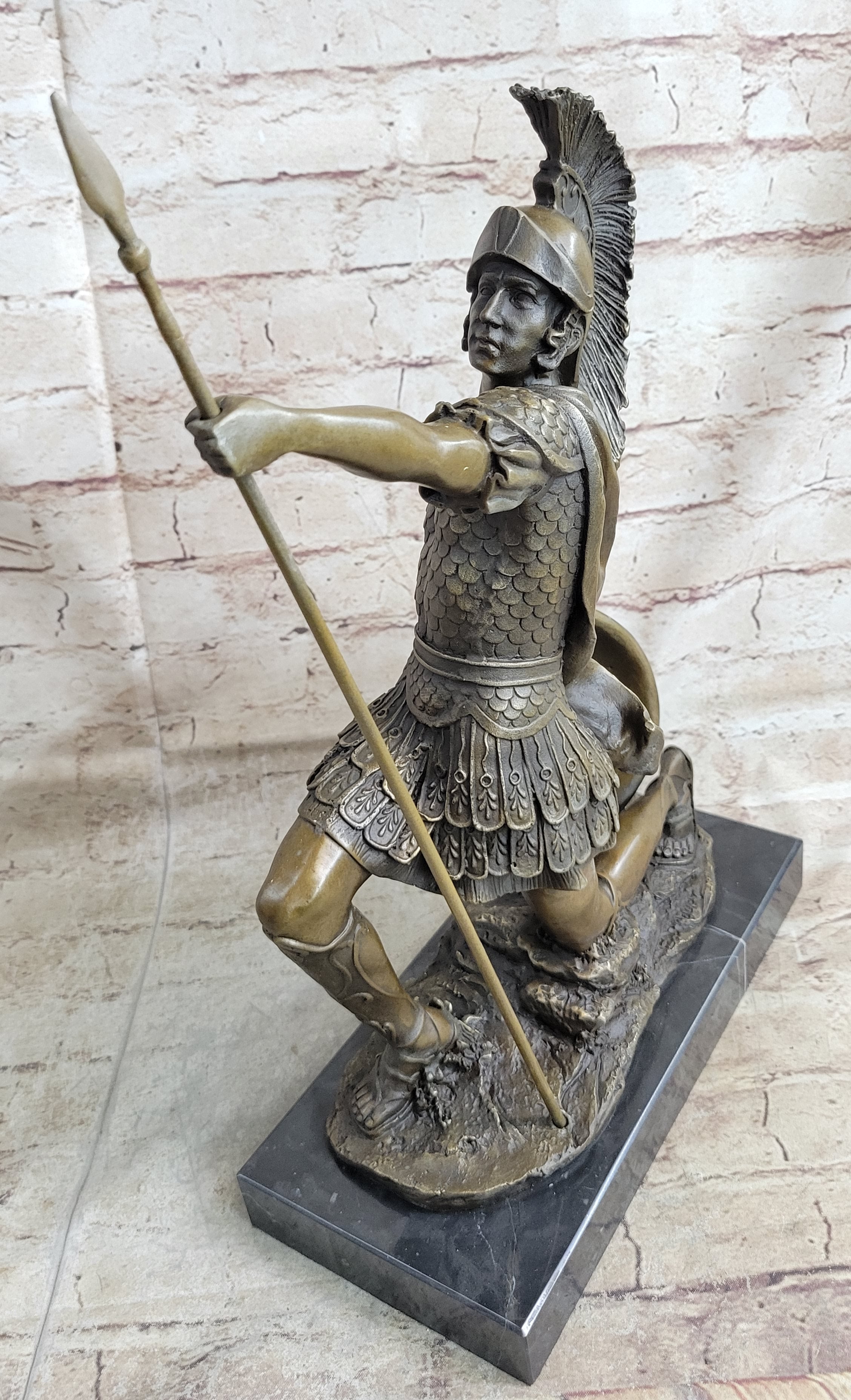 Greek Hoplite Roman Legion Warrior Bronze Sculpture on Marble