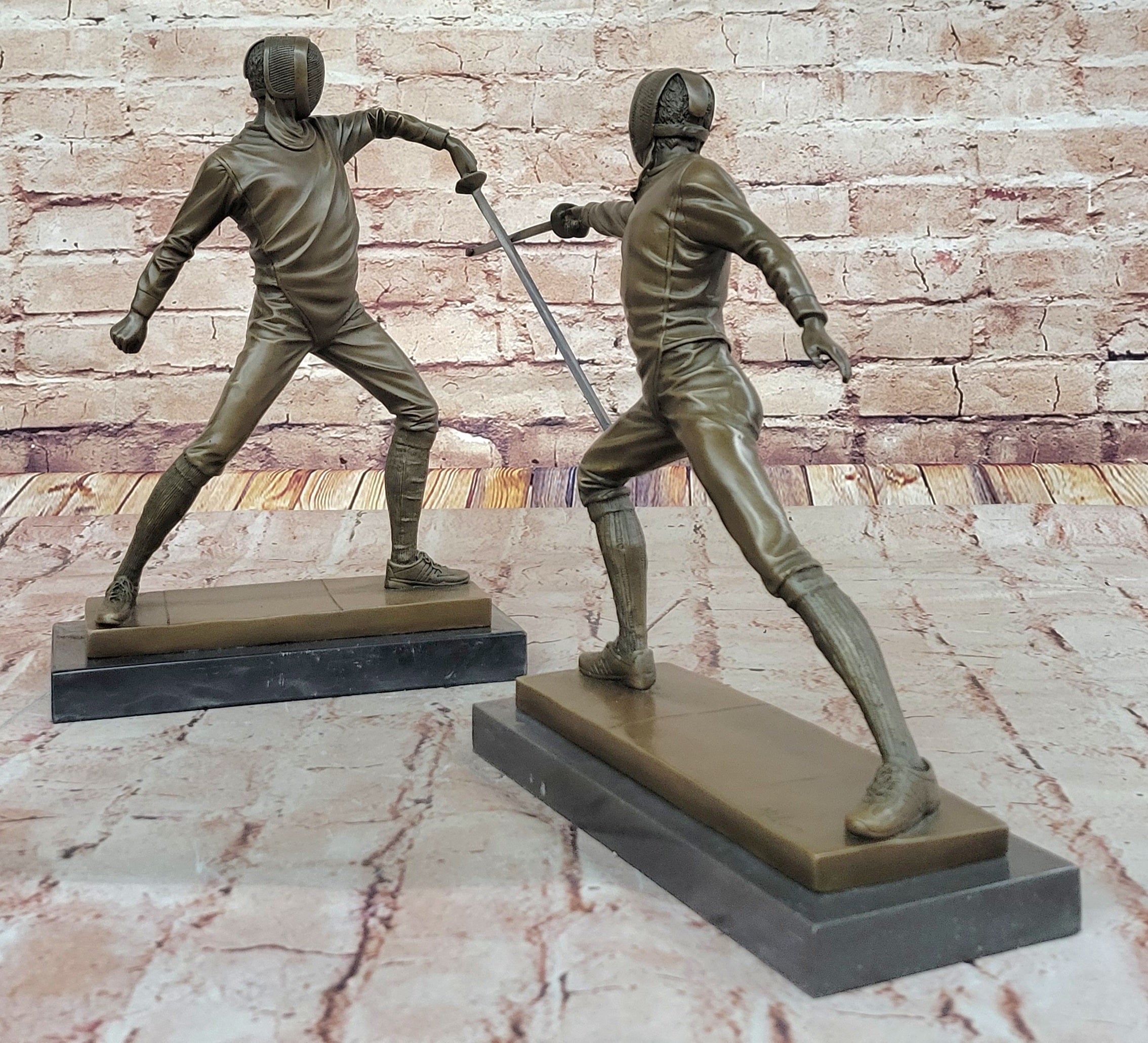 Pair of Fencers Fencing Bronze Bookend Sculptures