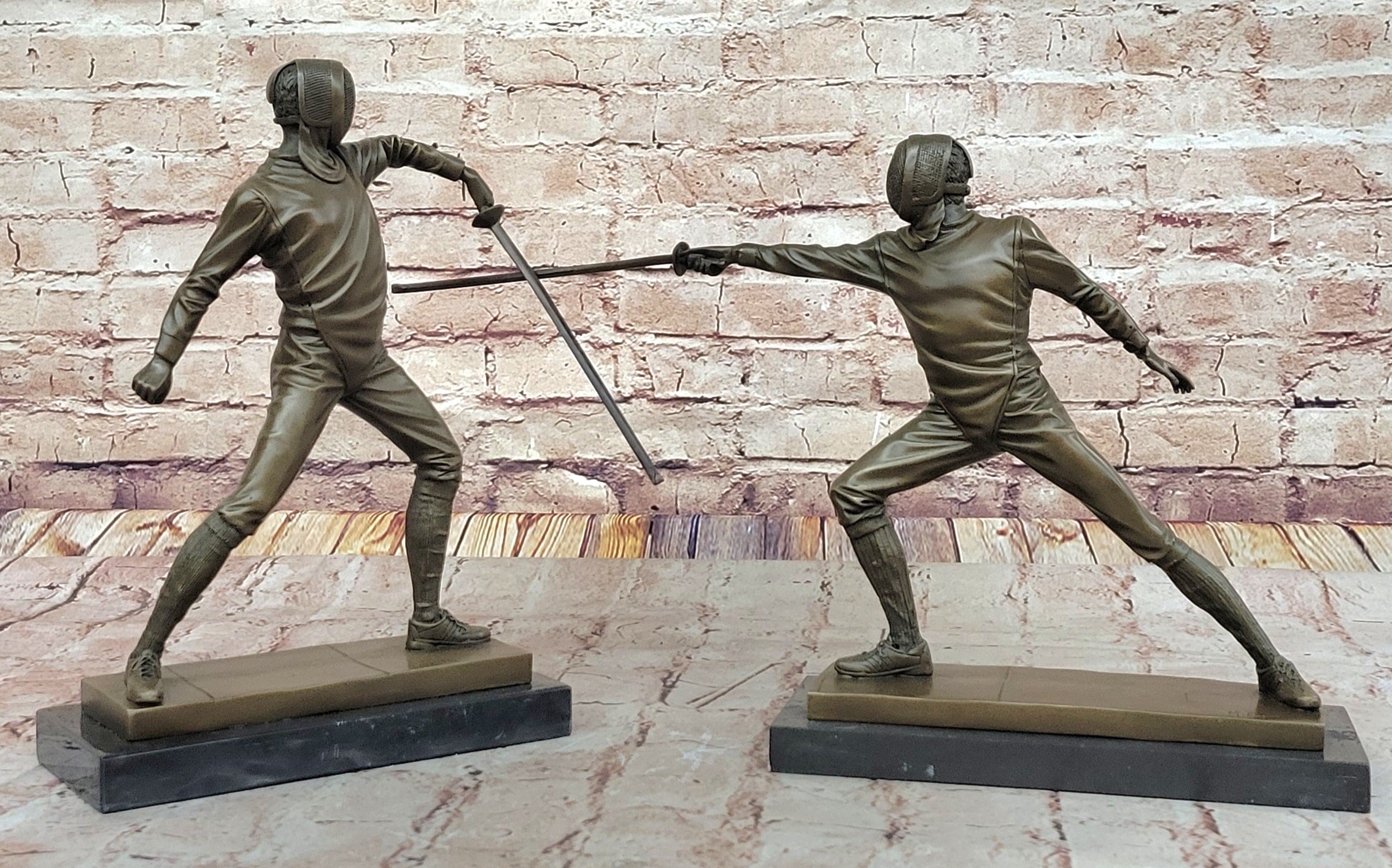 Pair of Fencers Fencing Bronze Bookend Sculptures