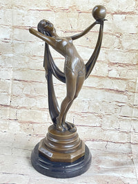 Art Deco Flapper Dancer Girl Holding Ball Bronze Sculpture