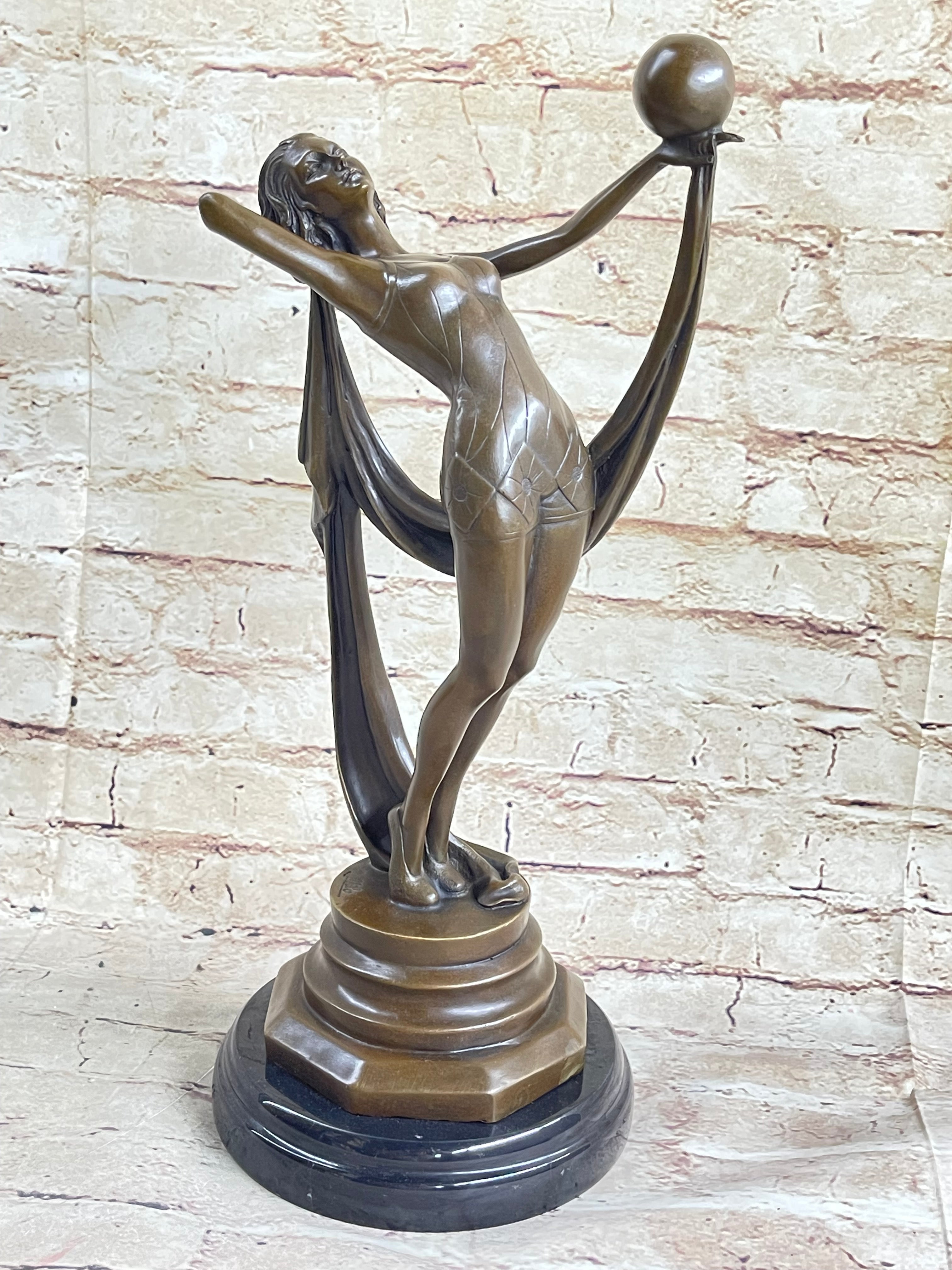 Art Deco Flapper Dancer Girl Holding Ball Bronze Sculpture