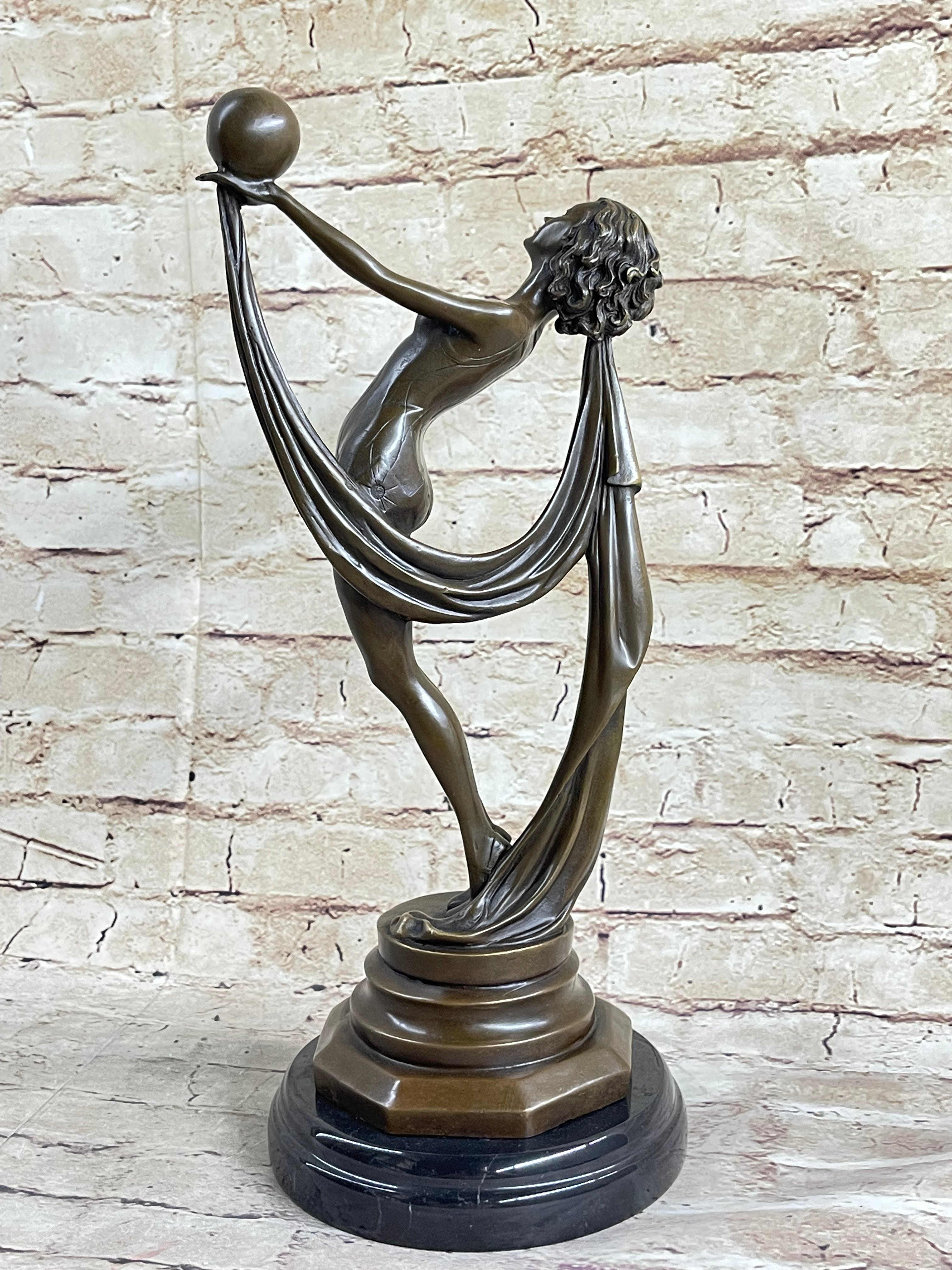 Art Deco Flapper Dancer Girl Holding Ball Bronze Sculpture