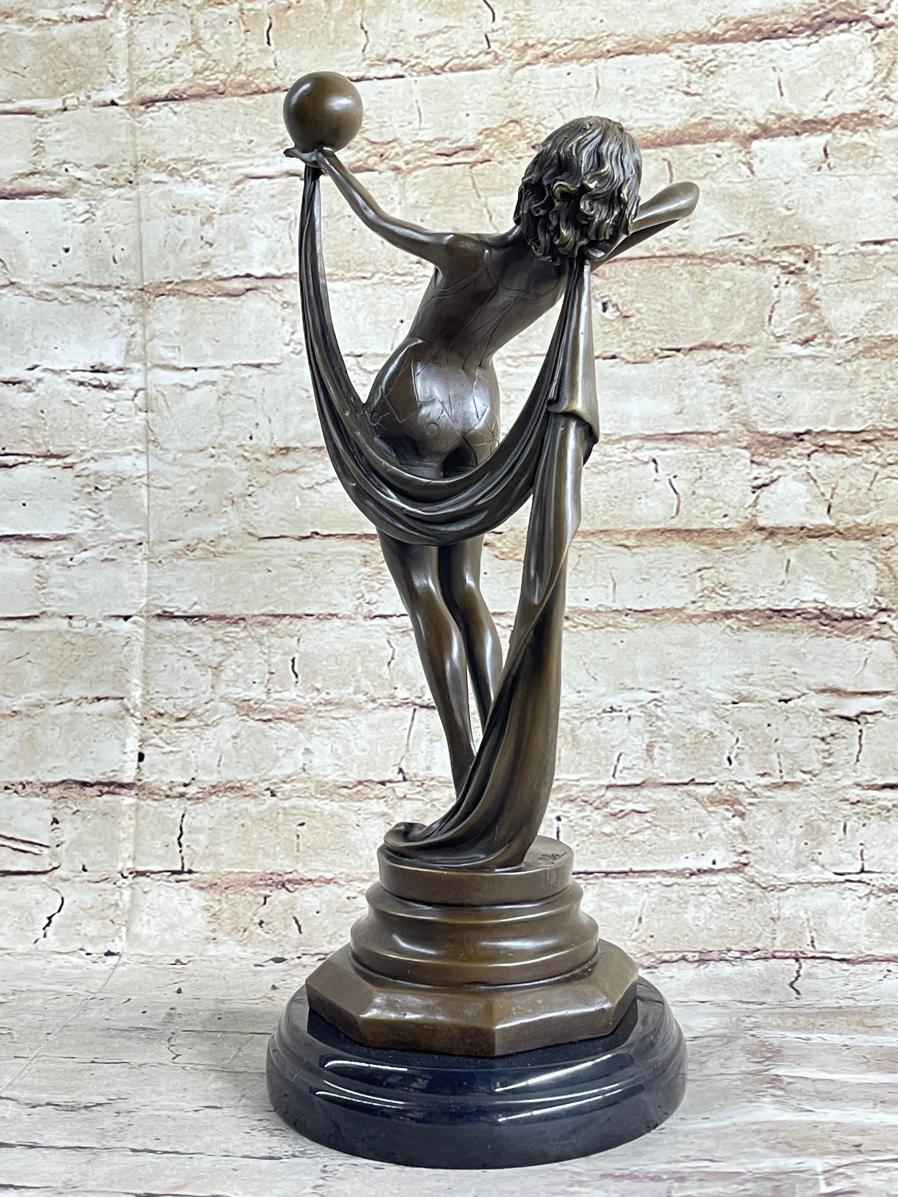 Art Deco Flapper Dancer Girl Holding Ball Bronze Sculpture