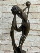 Art Deco Flapper Dancer Girl Holding Ball Bronze Sculpture