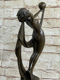 Art Deco Flapper Dancer Girl Holding Ball Bronze Sculpture