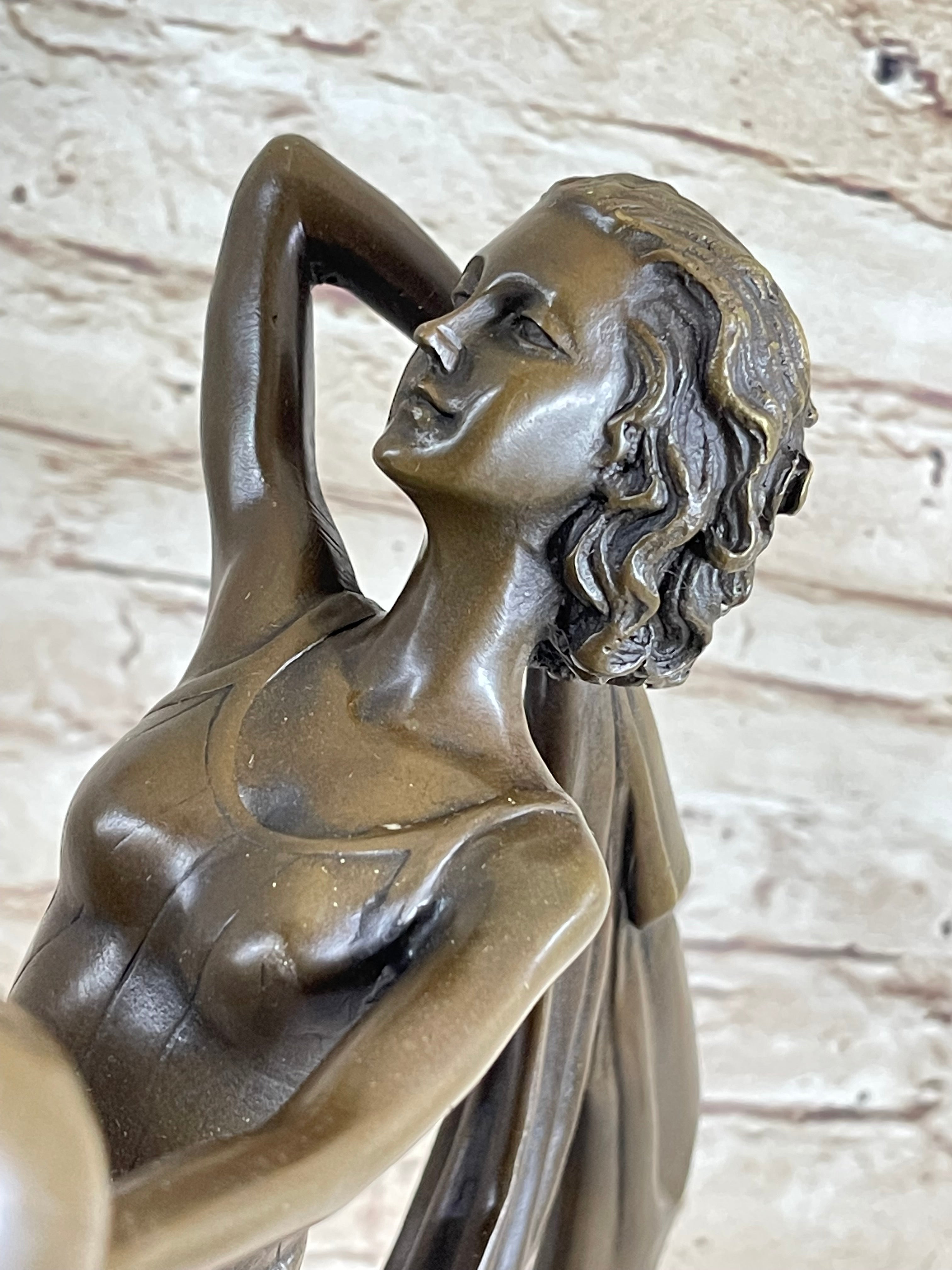 Art Deco Flapper Dancer Girl Holding Ball Bronze Sculpture
