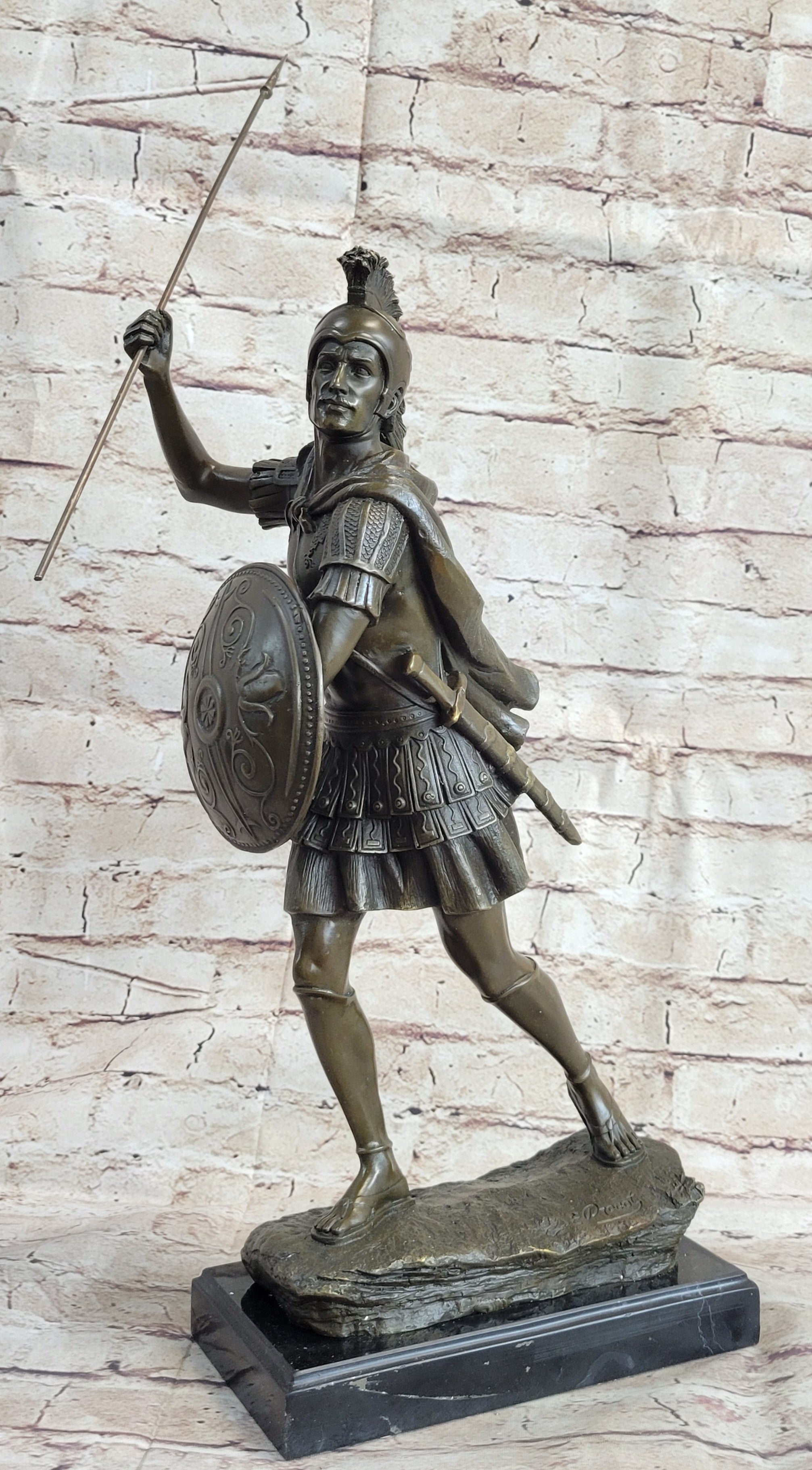 Signed Drouot Roman Legion Soldier Warrior Bronze Marble Sculpture