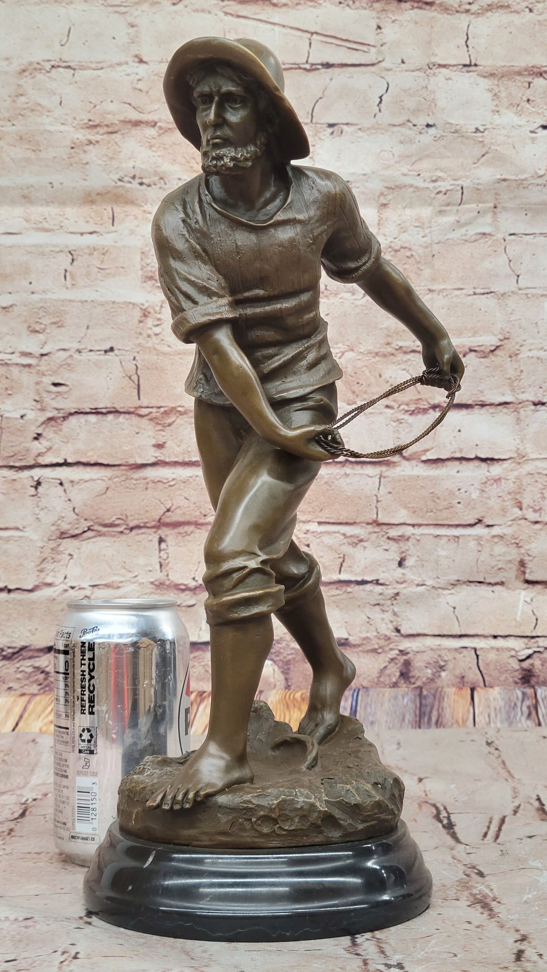 Bronze Fisherman with Net – Nautical Sculpture on Marble