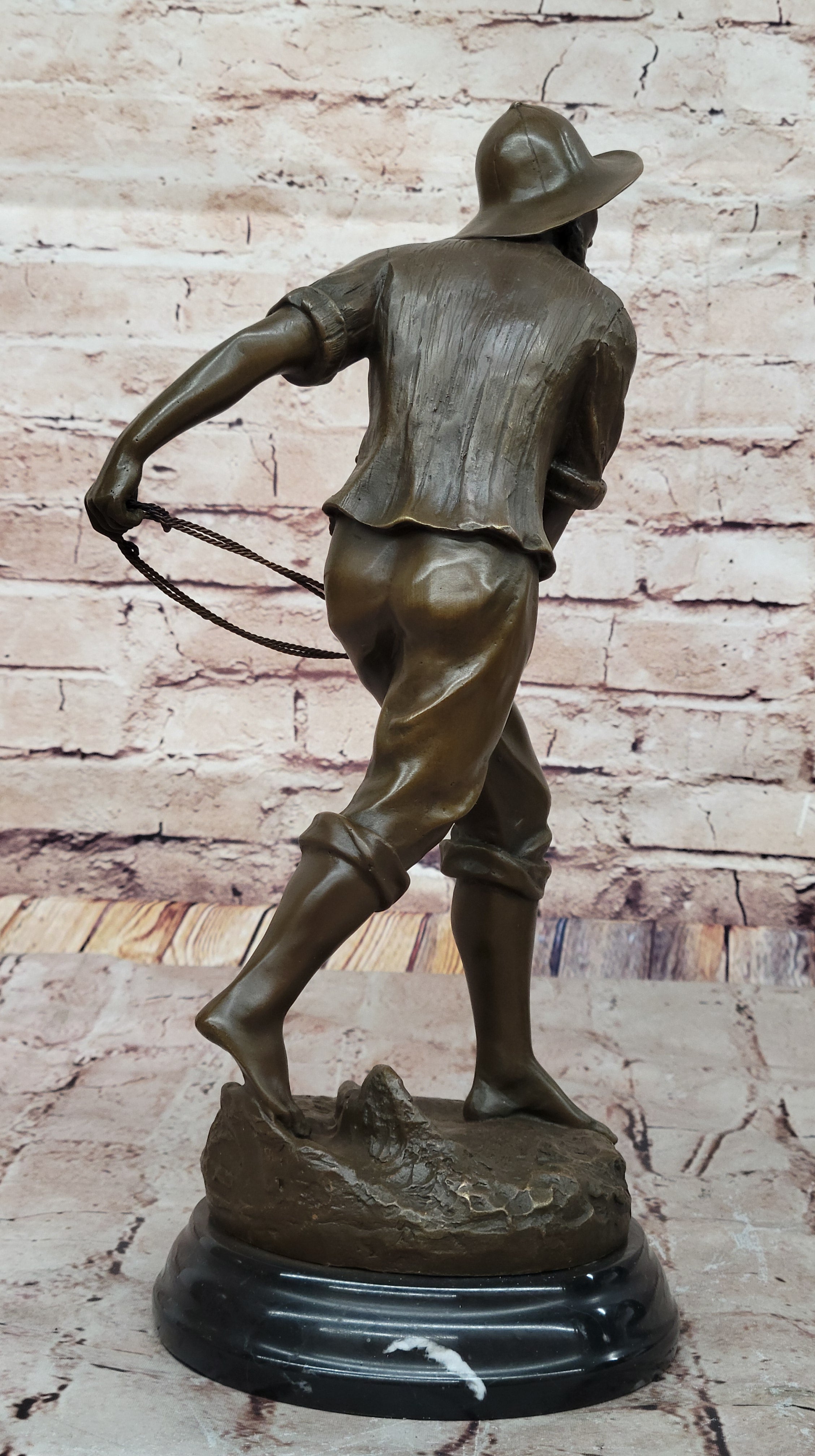Bronze Fisherman with Net – Nautical Sculpture on Marble